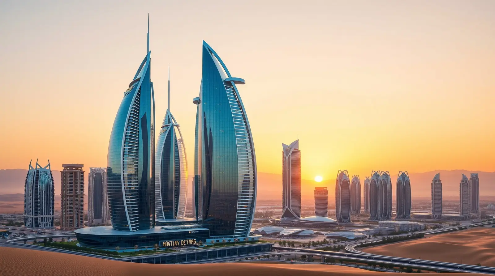 Dubai futuristic skyline at golden hour
